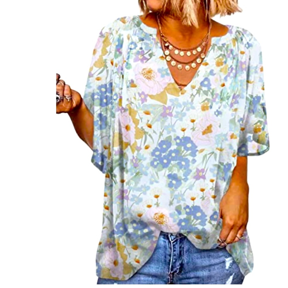 FLORAL LOOSE FITTING TOP WITH NOTCHED V-NECK